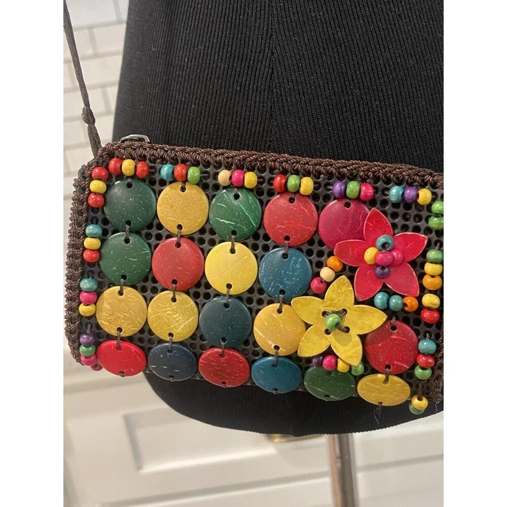 Beaded Crossbody Bag Womens Mini Multicolor Wood‎ Disc Puerto Rico Boho Flower